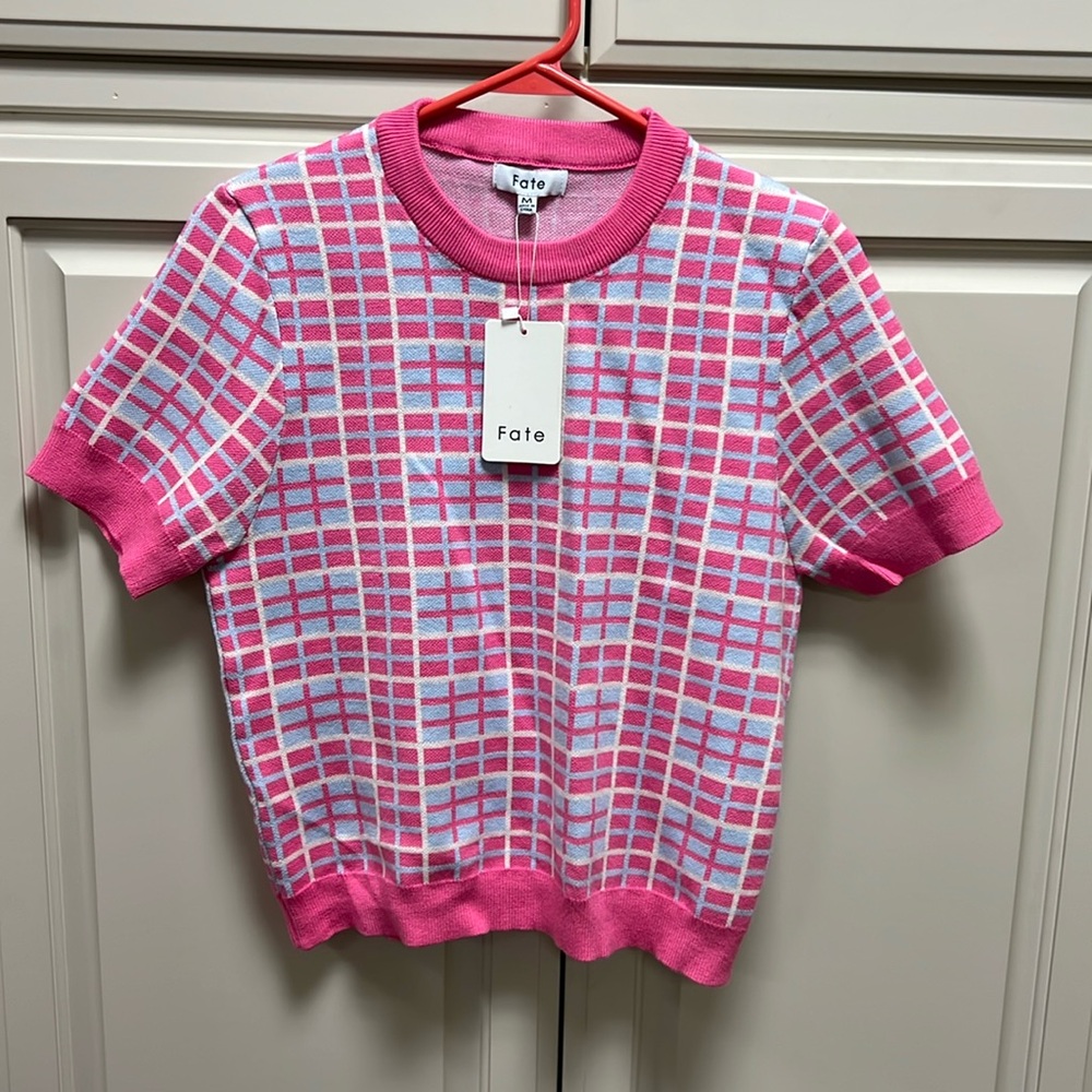 Fate Pink and White Checkered Sweater